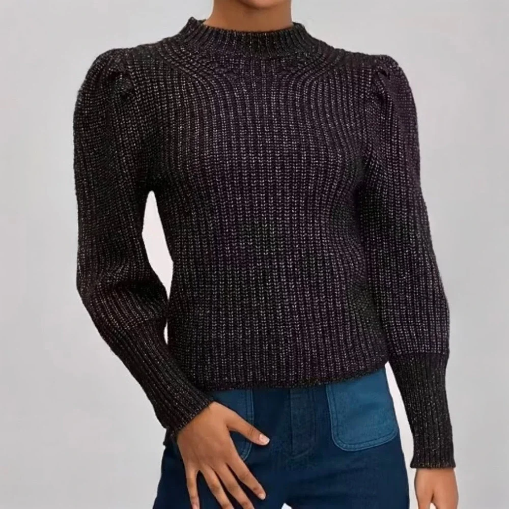 Kate Spade Lurex Puff‎ Sleeve Sweater Size SMALL Charcoal Gray Chunky Rib Knit